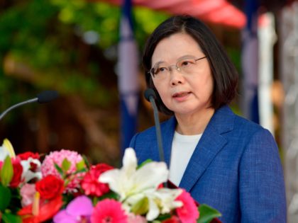 Taiwan's President Tsai Ing-wen speaks to assembled guests during a ceremony to commission two Perry-class guided missile frigates from the US into the Taiwan Navy, in the southern port of Kaohsiung on November 8, 2018. - President Tsai Ing-wen vowed on November 8 that Taiwan would not 'concede one step' …