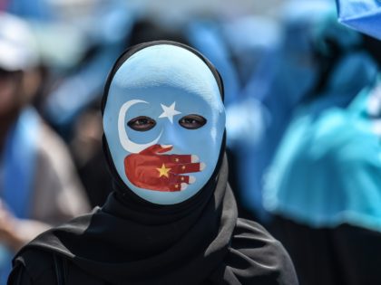 TOPSHOT - A demonstrator wearing a mask painted with the colours of the flag of East Turkestan and a hand bearing the colours of the Chinese flag attends a protest of supporters of the mostly Muslim Uighur minority and Turkish nationalists to denounce China's treatment of ethnic Uighur Muslims during …