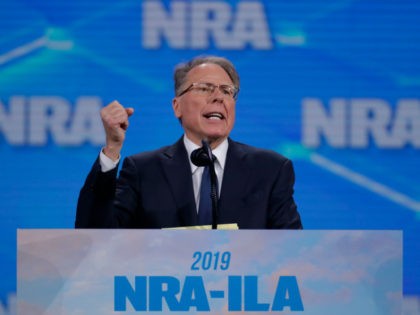 National Rifle Association Executive Vice President Wayne LaPierre speaks at the National Rifle Association Institute for Legislative Action Leadership Forum in Lucas Oil Stadium in Indianapolis, Friday, April 26, 2019. (AP Photo/Michael Conroy)