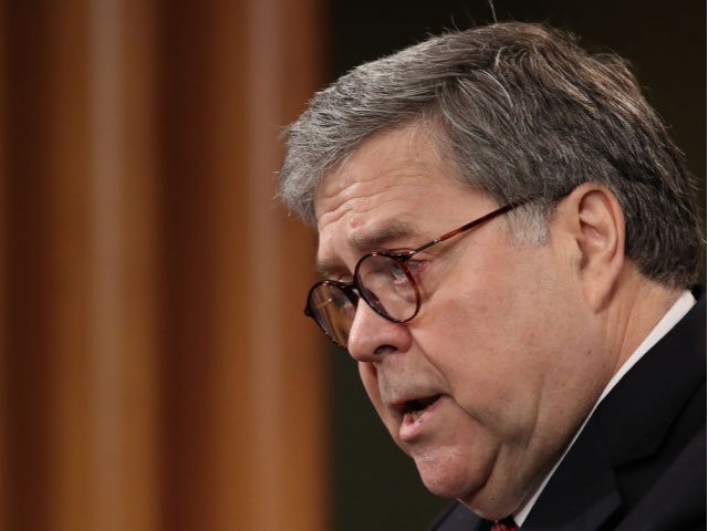 WASHINGTON, DC - APRIL 18: U.S. Attorney General William Barr speaks during a press conference on the release of the redacted version of the Mueller report at the Department of Justice April 18, 2019 in Washington, DC. Members of Congress are expected to receive copies of the report later this …