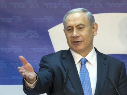Israeli Prime Minister Benjamin Netanyahu delivers a speech after winning another term as leader of the ruling Likud party, on January 1, 2015, in the Israeli coastal city of Tel Aviv. General elections had been due in late 2017, but the polls were brought forward by Netanyahu in early December …