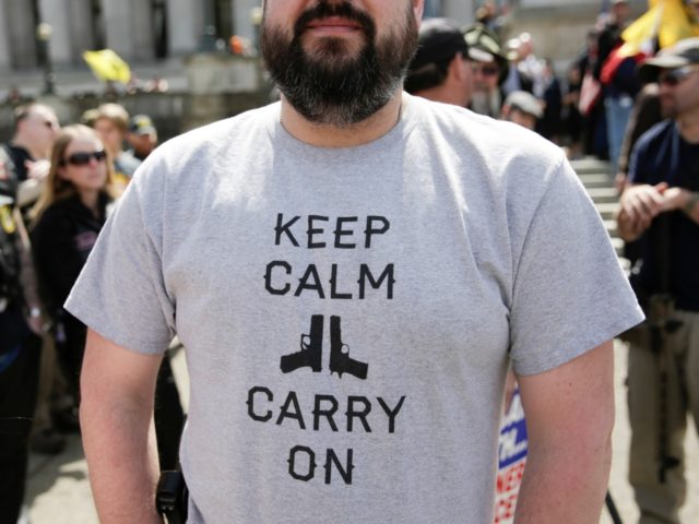 TOPSHOT - A man in a pro-gun shirt is pictured during the 'March for Our Rights' pro-gun r