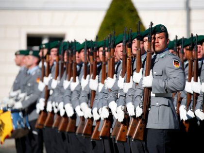 Soldiers of a German honor guard are pictured during a military ceremony for newly accredited US Ambassador Richard Allen Grenell in Berlin, Germany, on May 08, 2018. (Photo by Odd ANDERSEN / AFP) (Photo credit should read ODD ANDERSEN/AFP/Getty Images)