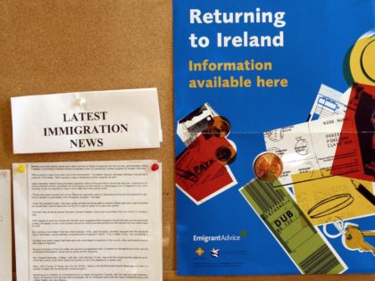 Yonkers, UNITED STATES: NUMBER OF ILLEGAL IRISH IMMIGRANTS IN US DWINDLING: A poster advertises information about returning to Ireland, 13 December, 2005, at the Aisling Irish Community Center in Yonkers, New York. While it is difficult to quantify the exact number of undocumented Irish immigrants in the country, it is …