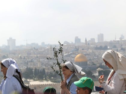 Nuns take part in the traditional Palm Sunday procession from the Mount of Olives to Jerusalem's Old City on April 14, 2019. - The ceremony is a landmark in the Christian calendar, marking the triumphant return of Christ to Jerusalem the week before his death, when a cheering crowd greeted …