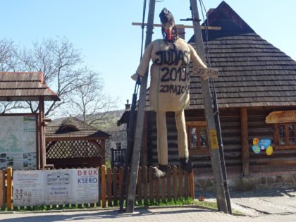 This picture taken on April 19, 2019 shows an effigy of Judas on Good Friday, hanging in the town of Pruchnik, southern Poland. - The World Jewish Congress has condemned the Polish town after reports that residents hung and burnt an effigy 'made to look like a stereotypical Jew' in …