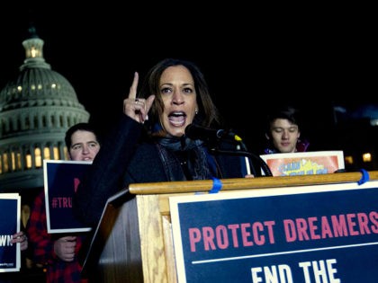 Sen. Kamala Harris D-Calif., speaks during a rally in support of the Deferred Action for Childhood Arrivals (DACA), and to avoid the government shut down on Capitol Hill, Friday, Jan. 19, 2018, in Washington. ( AP Photo/Jose Luis Magana)