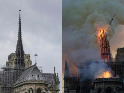 This combination of pictures created on April 16, 2019, shows a view (L) of Notre-Dame Cat