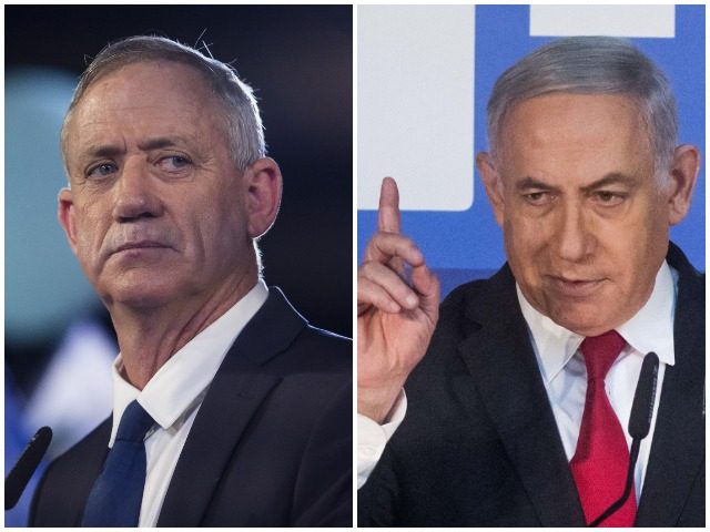 This combination of pictures created on April 02, 2019 shows (L) Prime Minister Benjamin Netanyahu speaking to journalists in Jerusalem on February 3, 2019 and former IDF chief of staff Benny Gantz delivering his first electoral speech in Tel Aviv on January 29, 2019