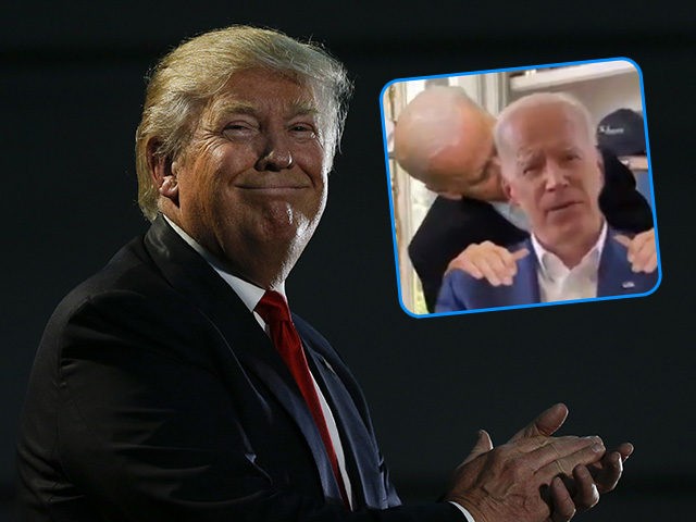 (INSET: Screenshot from meme video of Joe Biden sniffing his own hair) Republican presidential candidate Donald Trump smiles during a rally, Thursday, June 2, 2016, in San Jose, Calif. (AP Photo/Jae C. Hong)