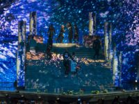 TEL AVIV, ISRAEL - MAY 17: Dancers for Madonna display the flags of Israel and Palestine on their backs during Madonnas performance live on stage during the 64th annual Eurovision Song Contest held at Tel Aviv Fairgrounds on May 17, 2019 in Tel Aviv, Israel. (Photo by Michael Campanella/Getty Images)