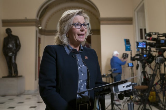 House Republican Conference Chair Liz Cheney, R-Wyo., does a tv news interview just outside the House chamber to discuss her reason for voting against the Democratic resolution condemning anti-Semitism that was sparked by controversial remarks from freshman Democrat Rep. Ilhan Omar of Minnesota, at the Capitol in Washington, Friday, March …