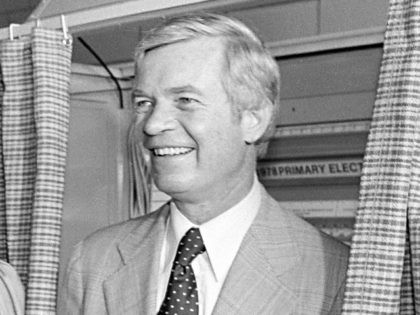 Rep. Thad Cochran (R-Miss.) smiles with his wife Rose after having a problems pulling the lever on the voting machine to cast his vote and open the curtain in Jackson, Miss., June 6, 1978. Cochran is seeking the Republican nomination in the race for the U.S. Senate being vacated by …