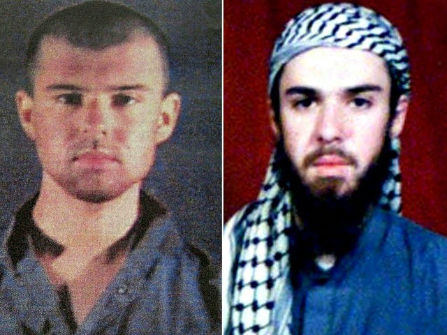 (COMBO) This combination of pictures created on April 17, 2019 shows at left a police file photo made available February 6, 2002 of the "American Taliban" John Walker Lindh and at right a February 11, 2002 photograph of him as seen from the records of the Arabia Hassani Kalan Surani …