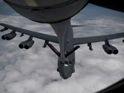 In this Sunday, May 12, 2019 photo released by the U.S. Air Force, a B-52H Stratofortress aircraft assigned to the 20th Expeditionary Bomb Squadron receives fuel from a KC-135 Stratotanker from the 28th Expeditionary Aerial Refueling Squadron, at an undisclosed location in Southwest Asia,. The White House ordered the USS …