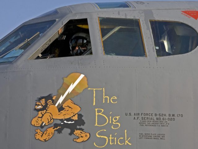 US Air Force co-pilot, Captain Michael "Fetch" Maginness looks out the window of his B-52H