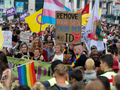 People gather for the 24th edition of the 'Belgian Pride', a manifestation of lesbian, gay, bisexual and transgender oriented people, Saturday 18 May 2019 in Brussels. BELGA PHOTO NICOLAS MAETERLINCK (Photo credit should read NICOLAS MAETERLINCK/AFP/Getty Images)