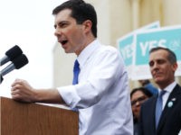 LOS ANGELES, CALIFORNIA - MAY 09: Democratic presidential candidate and South Bend, Indiana Mayor Pete Buttigieg speaks at a community event with labor unions on May 9, 2019 in Los Angeles, California. Los Angeles Mayor Eric Garcetti joined Buttigieg at the event. Buttigieg will reportedly attend a fundraiser at actress …
