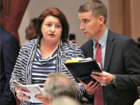 State Sen. Mike McGuire, D-Healdsburg, meets with Senate President Pro Ten Toni Atkins , of San Diego, at the Capitol, Thursday, May 2, 2019, in Sacramento, Calif. The state Senate approved McGuire's bill, SB27, which requires presidential candidates to release 5 years of their most recent tax returns in order …