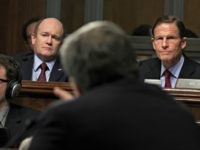 WASHINGTON, DC - MAY 1: Sen. Chris Coons (D-DE) and Sen. Richard Blumenthal (D-CT) listen as U.S. Attorney General William Barr testifies before the Senate Judiciary Committee May 1, 2019 in Washington, DC. Barr testified on the Justice Department's investigation of Russian interference with the 2016 presidential election. (Photo by …