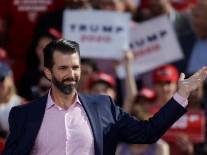 Donald Trump Jr., gestures at a rally for his father, President Donald Trump in Montoursville, Pa., Monday, May 20, 2019. (AP Photo/Matt Rourke)