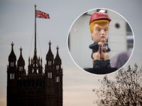 (INSET: A Donald Trump robot on a toilet) A picture shows the Union Flag flying atop Victoria Tower at the Houses of Parliament in central London on December 13, 2018. - Bloodied but not yet beaten, Prime Minister Theresa May holds last-ditch talks with EU leaders on as she battles …