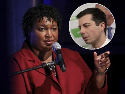 (INSET: Pete Buttigieg) NEW YORK, NY - APRIL 10: Former Georgia gubernatorial candidate Stacey Abrams speaks during a conversation about criminal justice reform at the New York Public Library, April 10, 2019 in New York City. Abrams recently announced that she will decide by the end of April if she …