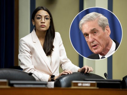 (INSET: Robert Mueller) WASHINGTON, DC - MAY 15: U.S. Rep. Alexandria Ocasio-Cortez (D-NY) arrives to a House Civil Rights and Civil Liberties Subcommittee hearing on confronting white supremacy at the U.S. Capitol on May 15, 2019 in Washington, DC. During the hearing, subcommittee members and witnesses discussed the impact on …