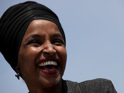 WASHINGTON, DC - APRIL 30: Rep. Ilhan Omar (D-MN) speaks at an event outside the U.S. Capi