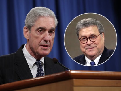 (INSET: Attorney General William Barr) WASHINGTON, DC - MAY 29: Special Counsel Robert Mueller makes a statement about the Russia investigation on May 29, 2019 at the Justice Department in Washington, DC. (Photo by Chip Somodevilla/Getty Images)