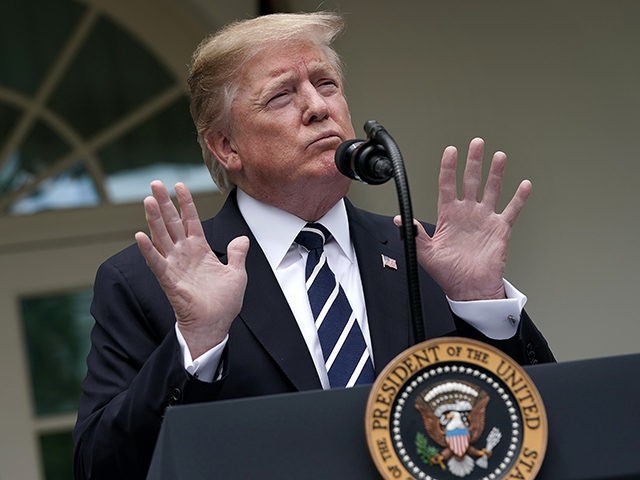 WASHINGTON, DC - MAY 22: U.S. President Donald Trump speaks about Robert Mueller's investigation into Russian interference in the 2016 presidential election in the Rose Garden at the White House May 22, 2019 in Washington, DC. Trump responded to House Speaker Nancy Pelosi saying he was engaged in a cover …
