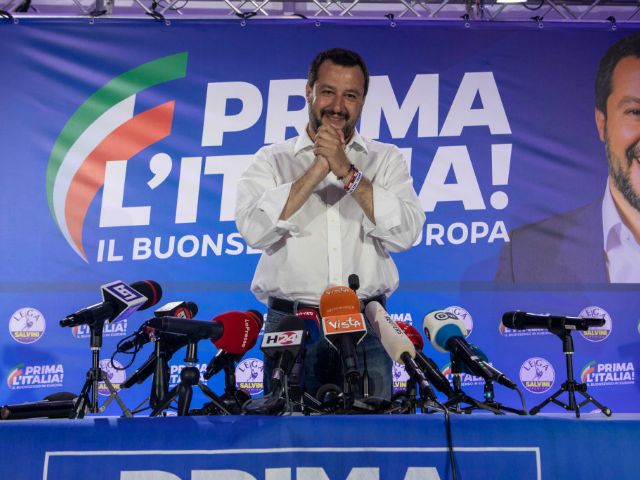MILAN, ITALY - MAY 27: Italy's Deputy Prime Minister and leader of right-wing Lega (League) political party Matteo Salvini attends a news conference following the European Parliamentary election results at Lega's headquarter on May 27, 2019 in Milan, Italy. (Photo by Emanuele Cremaschi/Getty Images)