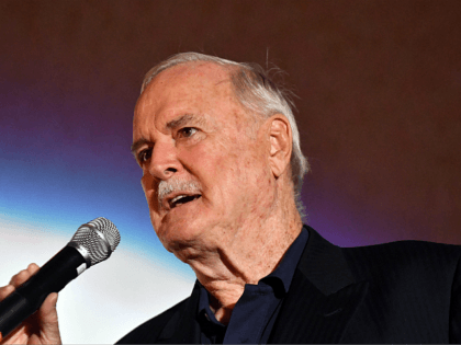 British actor John Cleese delivers a speech as he receives the 'Honorary Heart Of Sarajevo' award for his "extraordinary contribution" to film during the 23rd Sarajevo Film Festival late on August 16, 2017. / AFP PHOTO / ELVIS BARUKCIC (Photo credit should read ELVIS BARUKCIC/AFP/Getty Images)