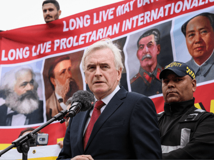 LONDON, ENGLAND - MAY 01: Shadow Chancellor John McDonnell speaks to Union members in Traf