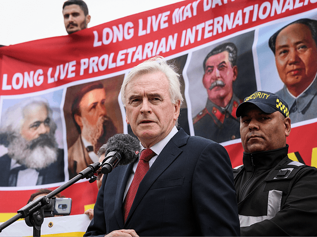 LONDON, ENGLAND - MAY 01: Shadow Chancellor John McDonnell speaks to Union members in Traf