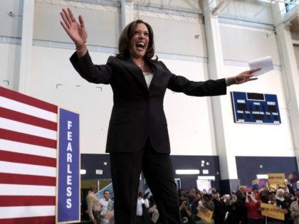 Democratic presidential candidate Sen. Kamala Harris, D-Calif. Is greeted by supporters as