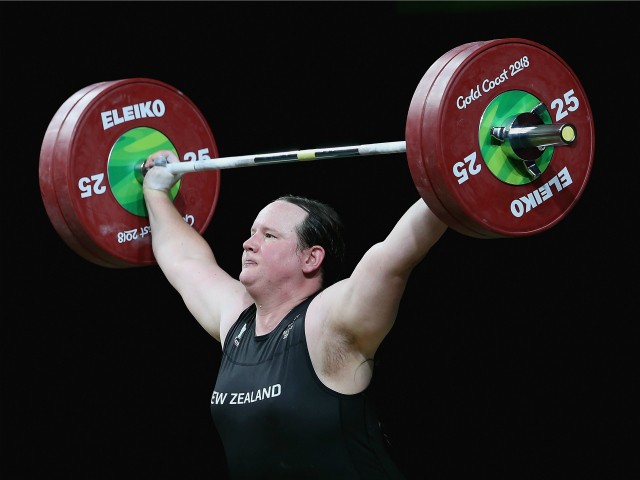 Laurel Hubbard of New Zealand competes in the Women's 90kg Final during Weightlifting on day five of the Gold Coast 2018 Commonwealth Games at Carrara Sports and Leisure Centre on April 9, 2018 on the Gold Coast, Australia. (Photo by Alex Pantling/Getty Images