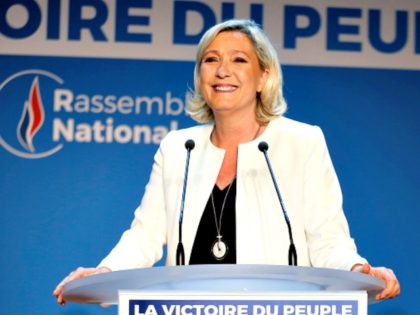 PARIS, FRANCE - MAY 26: French far-Right National Rally (RN- Rassemblement National) political party leader, Marine Le Pen makes a statement after the projections for the results of the European Parliament elections on May 26, 2019 in Paris, France. The National Rally (RN) tops the European elections in France, Sunday, …
