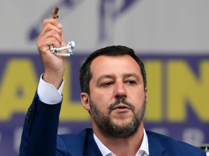 Italian Deputy Prime Minister and Interior Minister Matteo Salvini (C) delivers a speech h