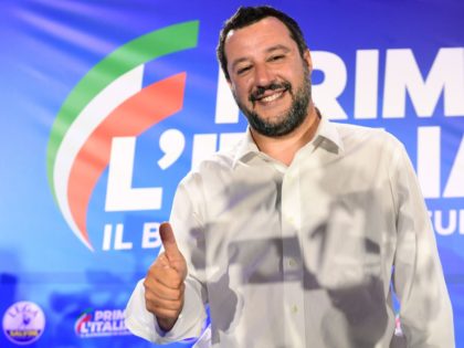 Italian Deputy Prime Minister and Interior Minister Matteo Salvini gives a "thumbs up" during a press conference in the Lega headquarters in northern Milan following the results of the European parliamentary elections, on May 27, 2019. - Matteo Salvini's anti-migrant League party won the most votes on May 26 in …