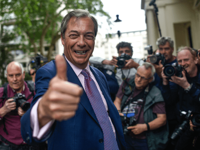 LONDON, ENGLAND - MAY 27: Brexit Party leader Nigel Farage arrives at a Brexit Party event on May 27, 2019 in London, England. The Brexit party won 10 of the UK's 11 regions, gaining 28 seats and more than 30% of the vote. (Photo by Peter Summers/Getty Images)