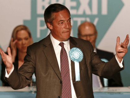 Brexit Party leader Nigel Farage speaks at a European Parliament election campaign rally a