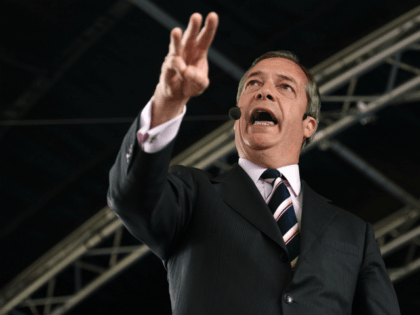 Brexit Party leader Nigel Farage speaks during a rally with the Brexit Party's north west