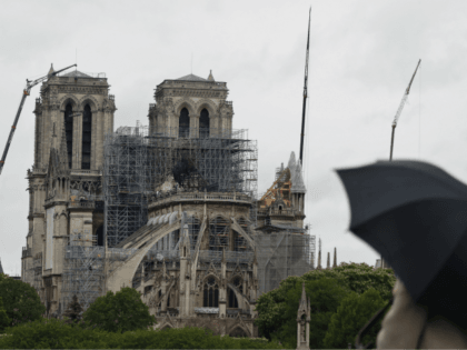 Cranes work at Notre Dame cathedral, in Paris, Thursday, April 25, 2019. French police sci