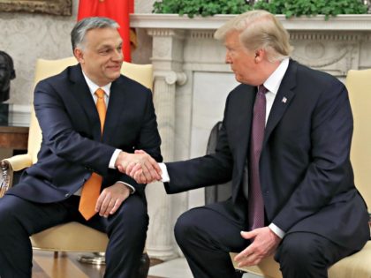 WASHINGTON, DC - MAY 13: U.S. President Donald Trump shakes hands with Hungarian Prime Min