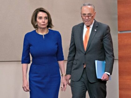 Speaker of the House Nancy Pelosi, D-Calif., left, and Senate Minority Leader Chuck Schumer, D-N.Y., arrive to inform reporters about their failed meeting with President Donald Trump at the White House on infrastructure, at the Capitol in Washington, Wednesday, May 22, 2019. (AP Photo/J. Scott Applewhite)