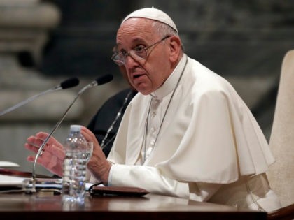 Pope Francis speaks during a meeting with the dioceses of Rome, at the Vatican Basilica of St. John Lateran, in Rome, Thursday, May 9, 2019. (AP Photo/Alessandra Tarantino)