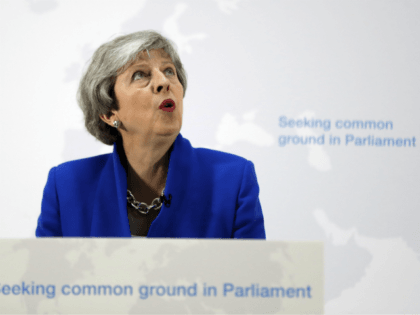 LONDON, ENGLAND - MAY 21: Prime Minister Theresa May delivers a speech detailing a new Brexit deal on May 21, 2019 in London, England. The Prime Minister announced that MPs will be able to vote on another referendum if they back the EU Withdrawal Agreement Bill. (Photo by Kirsty Wigglesworth …
