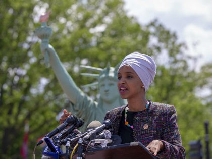 WASHINGTON, DC - MAY 16: Rep. Ilhan Omar (D-MN) speaks at the America Welcomes Event with a Statue Of Liberty Replica Shows Solidarity With Immigrants & Refugees at Union Station on May 16, 2019 in Washington, DC. (Photo by Tasos Katopodis/Getty Images for MoveOn.org)