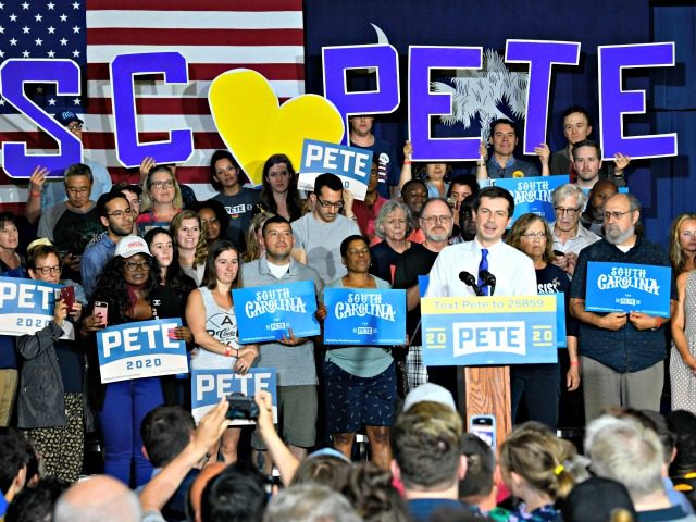 Democratic presidential contender Pete Buttigieg holds a town hall in North Charleston, South Carolina, on Sunday, May 5, 2019. Buttigieg says he's focusing on outreach to minorities, who make up most of the Democratic primary electorate in this early-voting state. (AP Photo/Meg Kinnard)